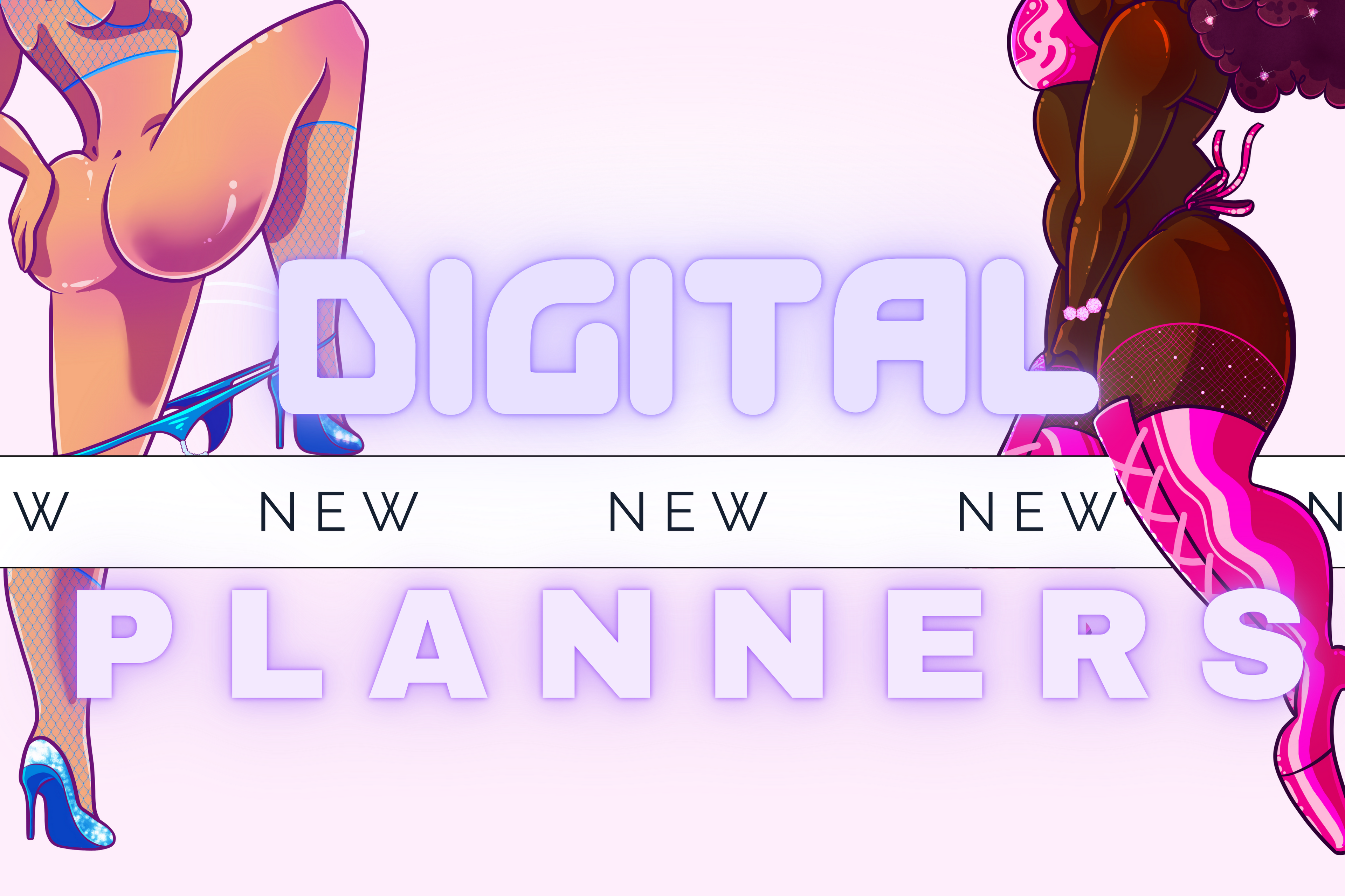 Two women in bikini with 'Digital Planners' text and 'NEW' labels on a white background.